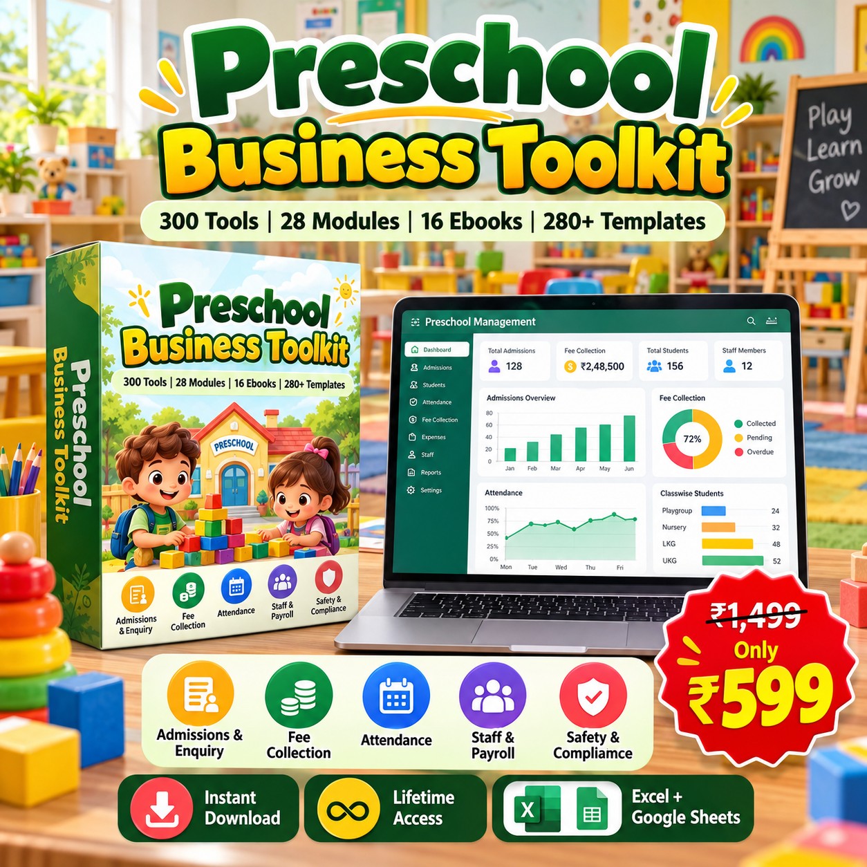 Preschool Business Toolkit — 300 tools, 28 modules, 16 ebooks, 280+ templates